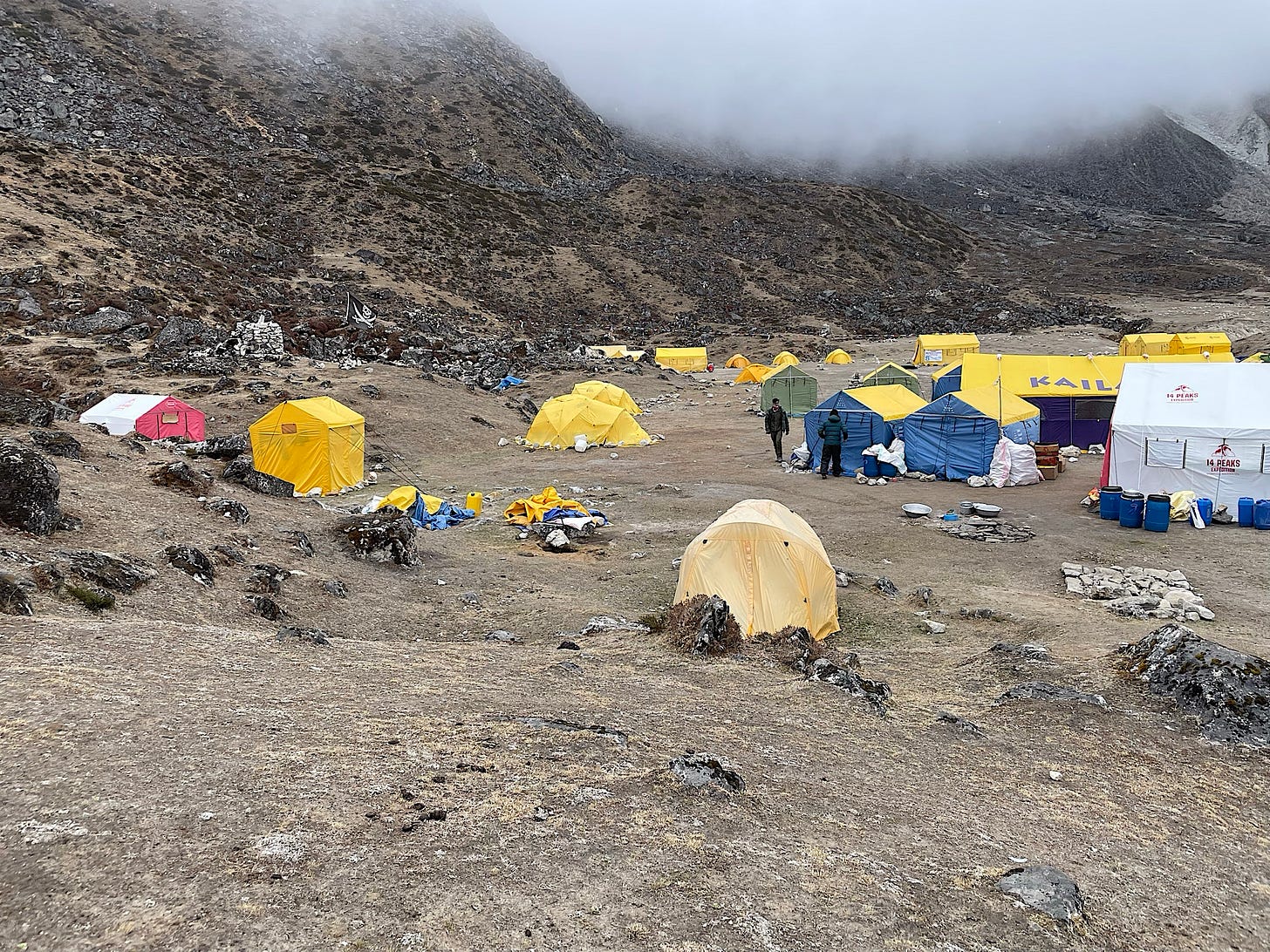 Base camp is in a wide flat bowl.