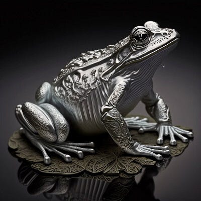 Two sitting shiny metal frogs generated by Midjourney