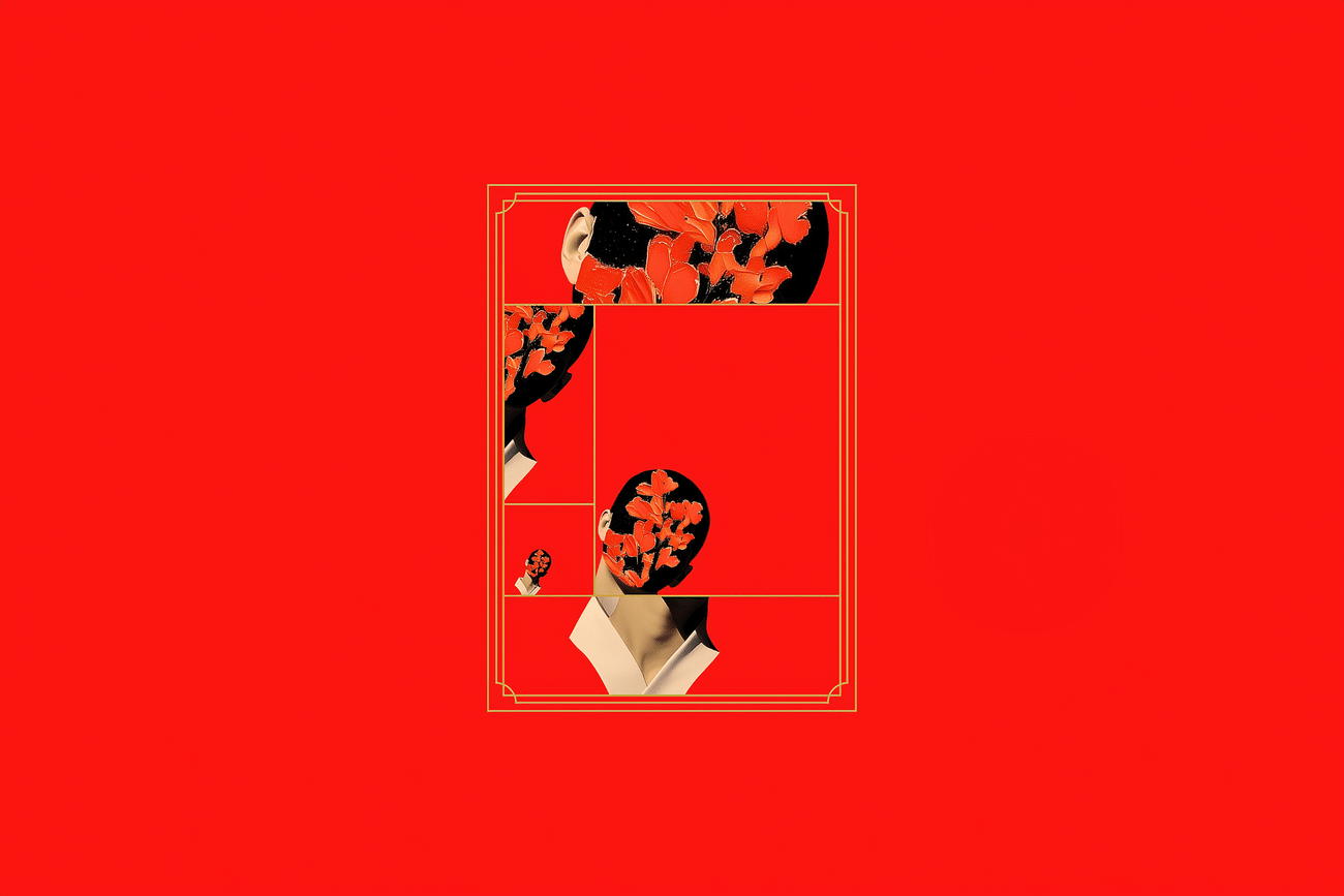 A central gold-bordered frame sits within a vast red field, containing a recursive deconstruction of a figure with a shadowed face and orange-red floral blossoms. Various panels inside the frame show the figure at different scales. Part of the Viewlines series at The Subtext Review.