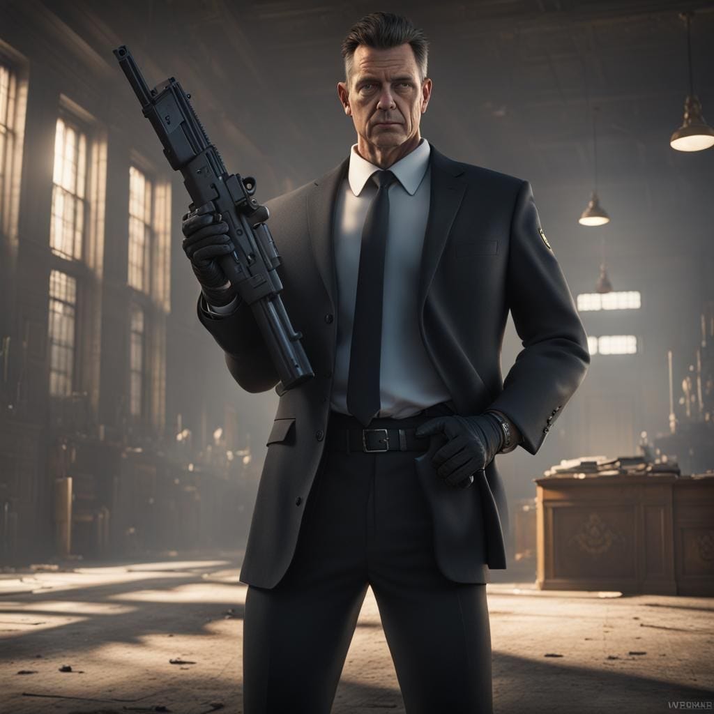FBI G-Man in dark suit with gun
 hyperrealistic depiction, 4K, detailed