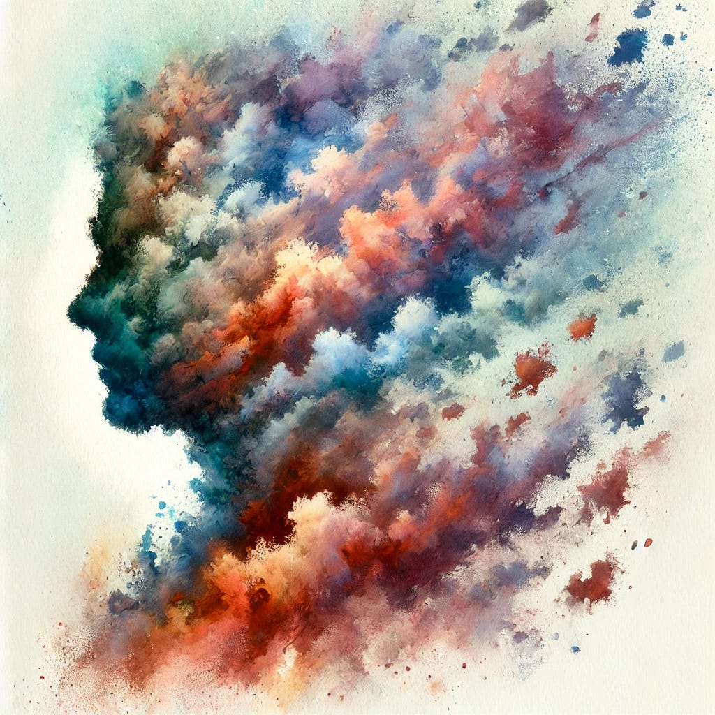 A hand-painted watercolor illustration depicting a fragmented human silhouette made of swirling colors, fading into the background like dissolving memories. The colors are soft and dreamlike, blending together in an abstract yet organic way. The image conveys the ethereal nature of memory, with some details sharp and vivid, while others blur into the wash of watercolor. The style should be expressive and textured, resembling traditional watercolor brushstrokes, avoiding an overly digital appearance. A hand-painted watercolor illustration depicting a fragmented human silhouette made of swirling colors, fading into the background like dissolving memories. The colors are soft and dreamlike, blending together in an abstract yet organic way. The image conveys the ethereal nature of memory, with some details sharp and vivid, while others blur into the wash of watercolor. The style should be expressive and textured, resembling traditional watercolor brushstrokes, avoiding an overly digital appearance.