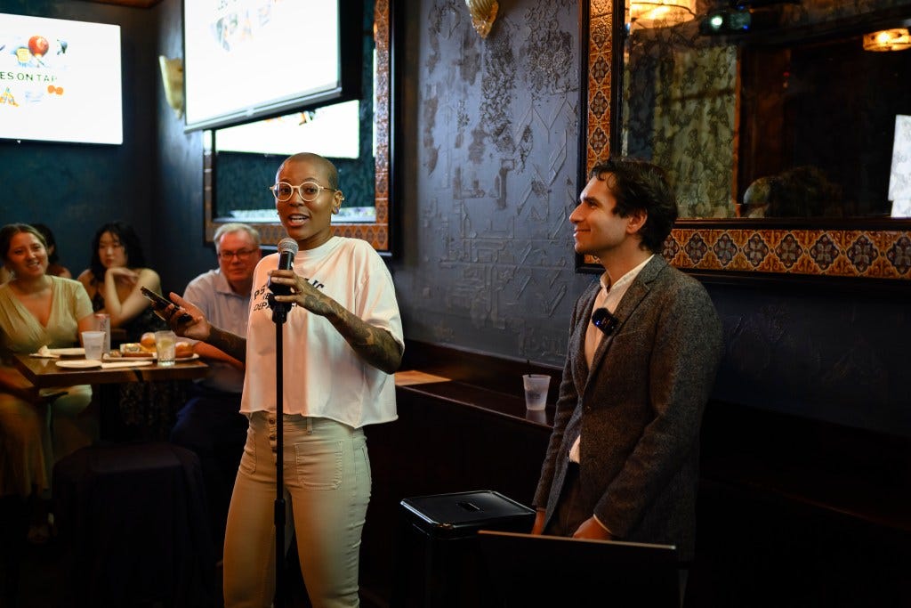 Felecia Freely and Pierre Eias at a Lectures on Tap event in August, Felecia Freely and Pierre Eias at a Lectures on Tap event in August,
