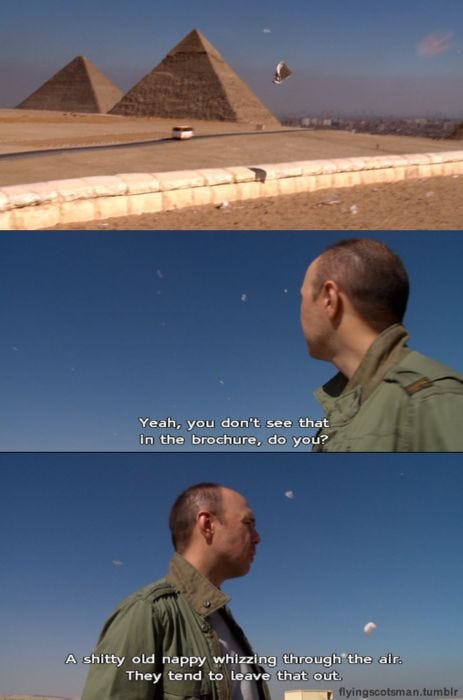 This may contain: an image of a man looking at the pyramids