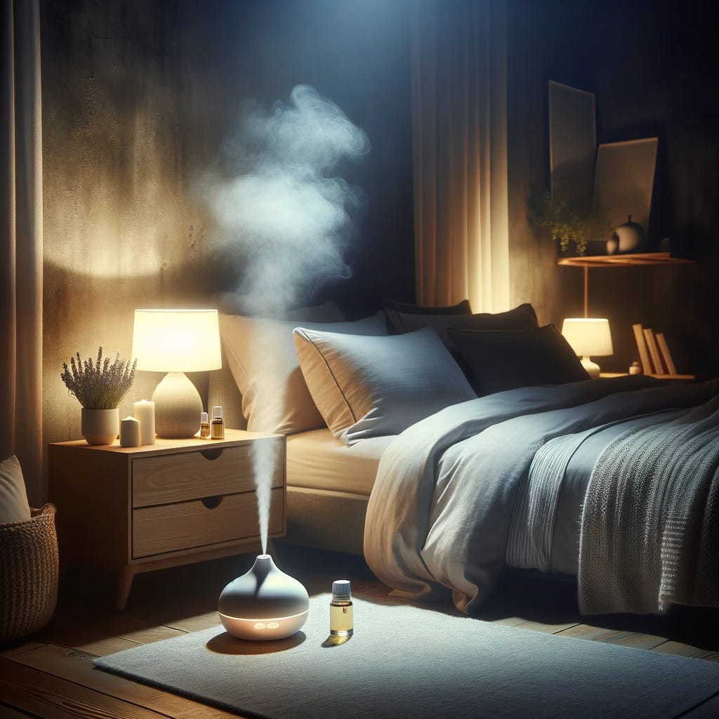A calming and serene bedroom at night, designed to promote relaxation and restful sleep. The room is dimly lit by soft, warm light, creating a cozy and tranquil atmosphere. A comfortable bed with plush pillows and a lightweight, soothing-colored comforter invites rest. Nearby, a small nightstand holds a diffuser emitting a gentle mist, surrounded by a few drops of essential oils, symbolizing natural sleep aids. The air is filled with a subtle aroma of lavender, enhancing the room's soothing ambiance. The scene conveys a sense of peace and readiness for a deep and rejuvenating sleep, embodying the essence of natural and holistic approaches to improving sleep quality.