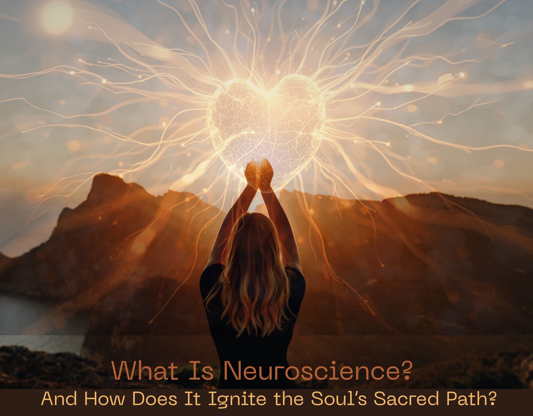 woman with back to camera, arms raised overhead piercing into a luminous heart that has rays reaching out. All this is against a sepia toned mountain landscape in the background. Words at bottom: What Is Neuroscience? And How Does It Ignite the Soul's Sacred Path?   Exploring how brain science and spirituality together spark healing, clarity, and wonder