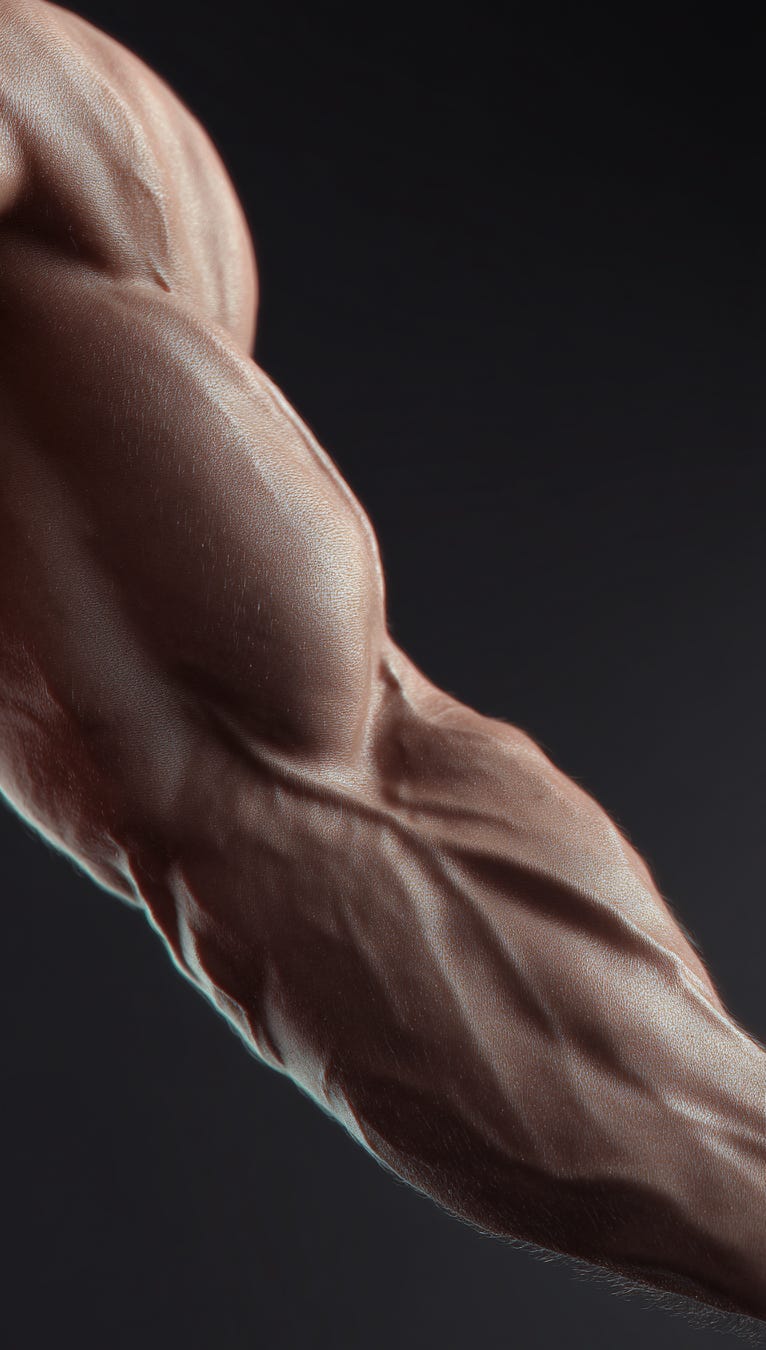 A man's muscular bicep and forearm.
