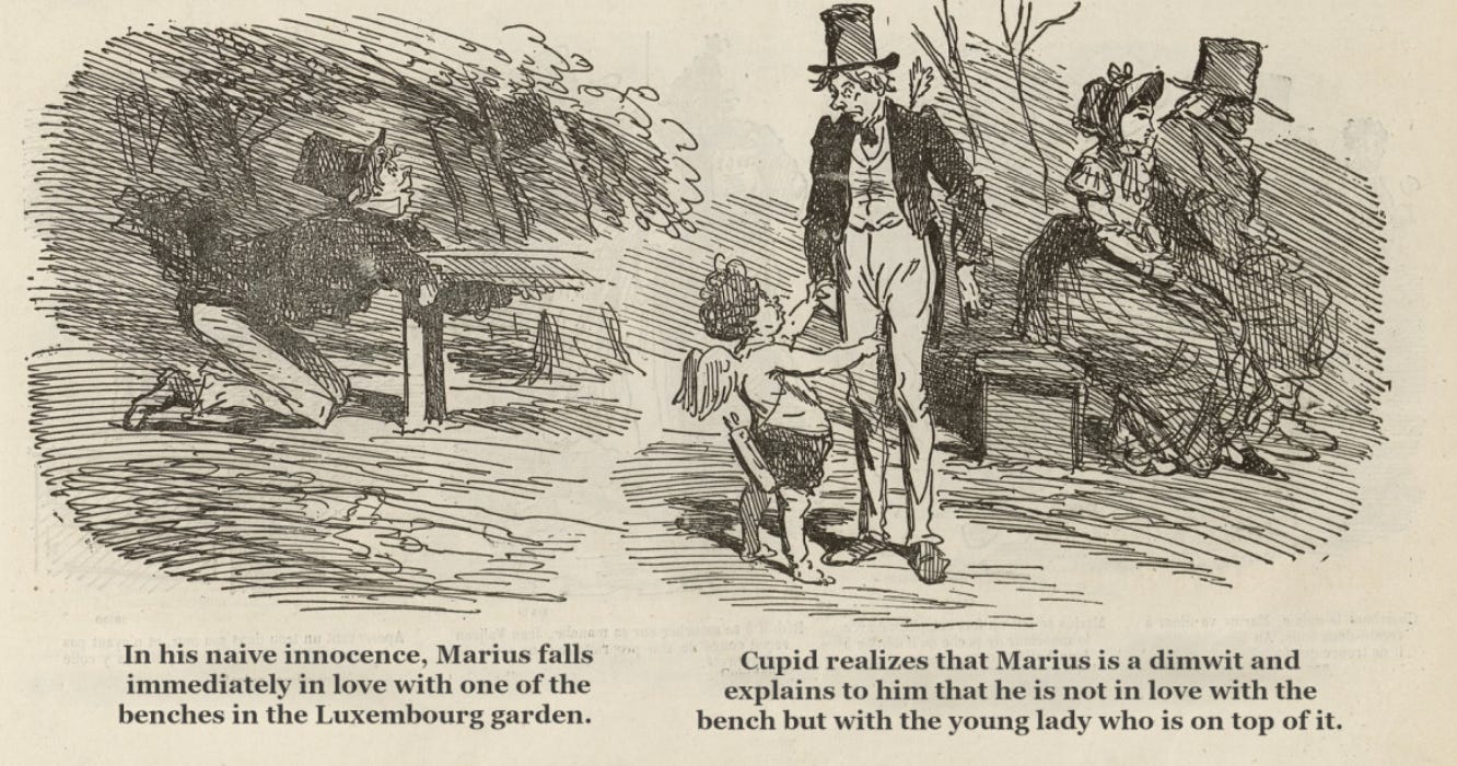 Illustration of Marius holding onto a bench with the caption, "In his naive innocence, Marius falls immediately in love with one of the benches in the Luxembourg garden." Then an illustration of Cupid talking to Marius with the caption "Cupid realizes that Marius is a dimwit and explains to him that he is not in love with the bench but with the young lady who is on top of it." Illustration of Marius holding onto a bench with the caption, "In his naive innocence, Marius falls immediately in love with one of the benches in the Luxembourg garden." Then an illustration of Cupid talking to Marius with the caption "Cupid realizes that Marius is a dimwit and explains to him that he is not in love with the bench but with the young lady who is on top of it."