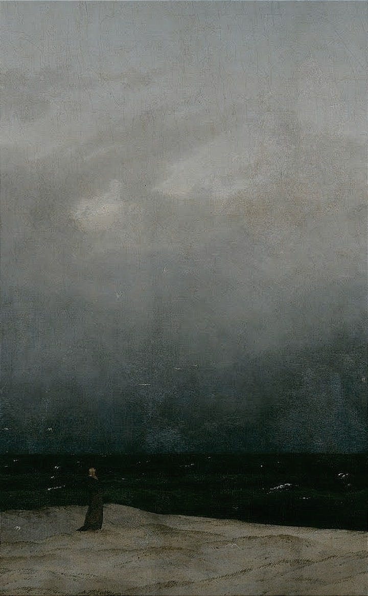 This may contain: a painting of a person standing on the beach