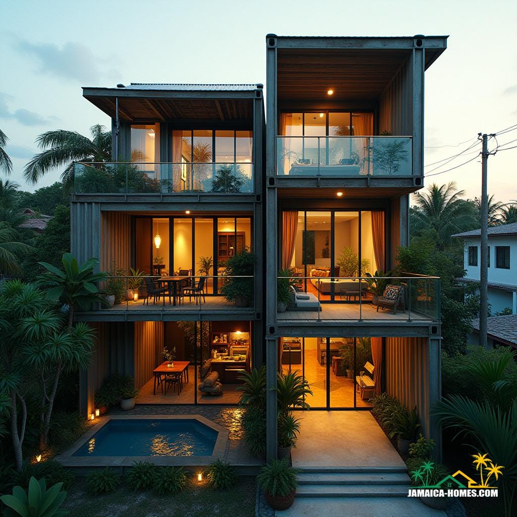 A three-story container home in Kingston, Jamaica, with bold, angular lines and unconventional module stacking, featuring cantilevered sections with glass-walled balconies, a rooftop recreational area with a small pool, outdoor kitchen, and shaded pergola, connected by a spiral staircase around a central atrium filled with lush tropical plants, surrounded by vibrant urban cityscape, bathed in cinematic lighting, with warm, golden tones and deep shadows, reminiscent of the works of architects such as Lebbeus Woods and Tadao Ando