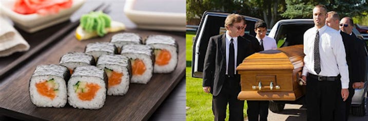 Six men carrying a casket at a funeral next to a picture of sushi.