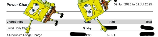 My bill VERY CLEARLY SHOWING A FLAT RATE FOR POWER. Plus I photoshopped angry Spongebob pointing at the key points but he's bigger this time.