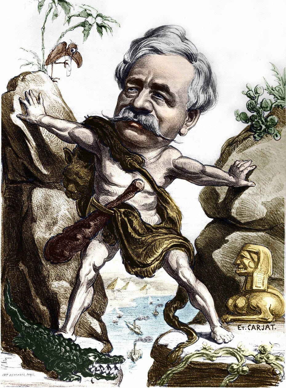 Ferdinand de Lesseps (1805-1894), French diplomat and administrator at the  Suez Canal. Caricature by Carjat.