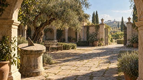 A sunlit Roman courtyard with a simple sundial, an olive tree and an open path into a garden.