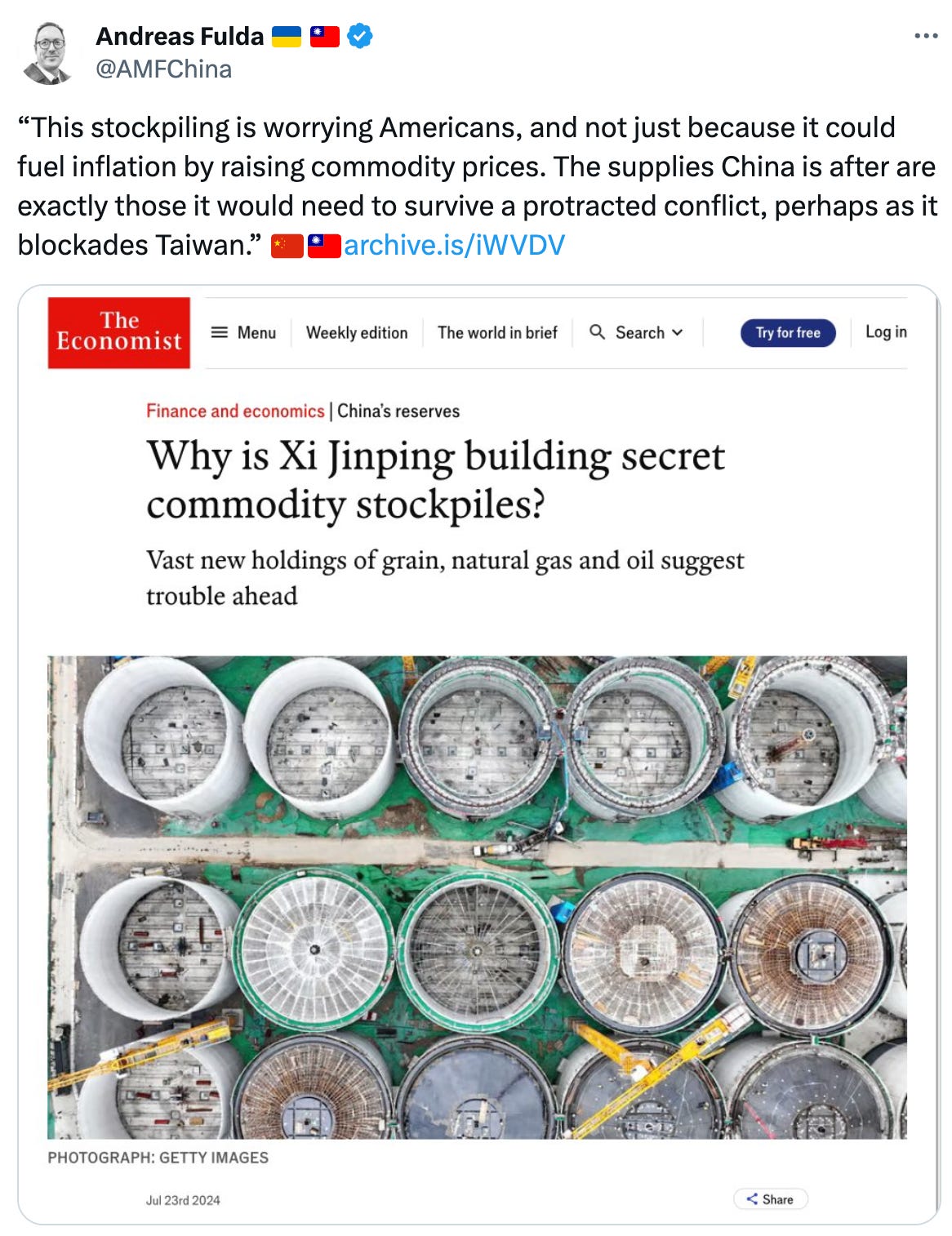   See new posts Conversation Andreas Fulda 🇺🇦 🇹🇼 @AMFChina “This stockpiling is worrying Americans, and not just because it could fuel inflation by raising commodity prices. The supplies China is after are exactly those it would need to survive a protracted conflict, perhaps as it blockades Taiwan.” 🇨🇳🇹🇼https://archive.is/iWVDV