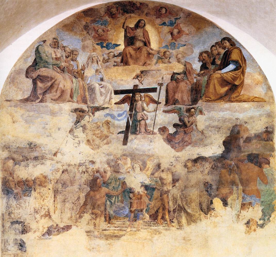 Faded arched fresco: Christ in a golden glow at the top, the Virgin and seated apostles on clouds on either side, an angel holding a large dark cross in the center, and a crowd of pale, damaged figures in the lower half.