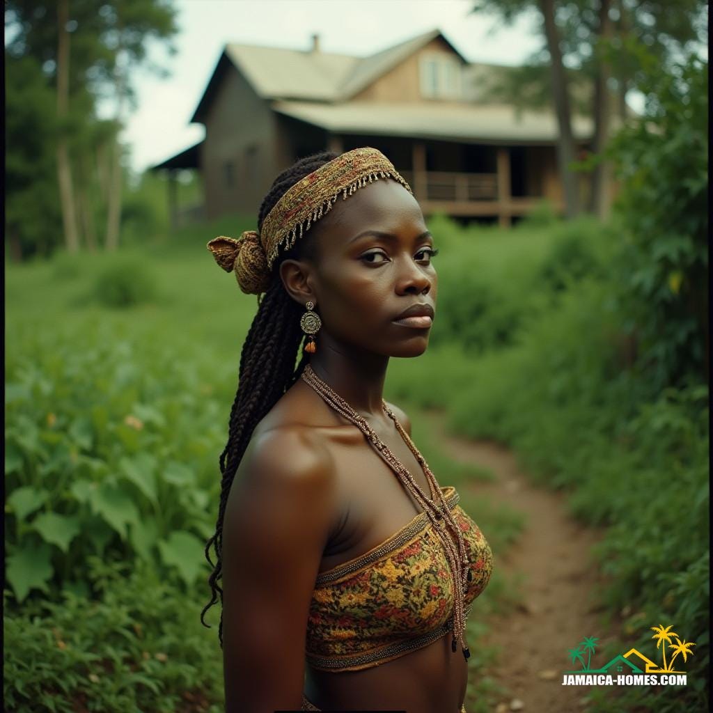 A cinematic film still of an Igbo woman standing proudly in a lush, verdant forest with the faintest hint of a colonial-era plantation house in the background