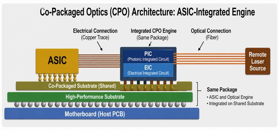 The image illustrates a Co-Packaged Optics (CPO) architecture integrating ASICs, photonic integrated circuits, and optical engines on a shared substrate, with electrical connections, lasers, and a motherboard for high-performance applications.

AI-generated content may be incorrect.