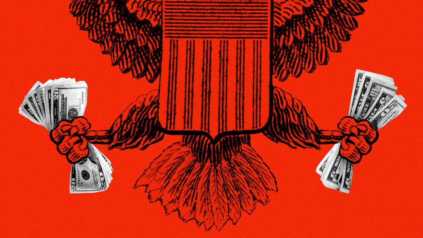 Illustration of the eagle from the presidential seal holding cash in its claws. 