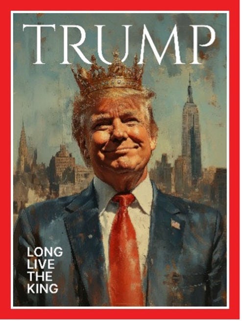 A man wearing a crown, suit, and red tie stands in front of a cityscape. Text reads "TRUMP" and "LONG LIVE THE KING" on a red border.