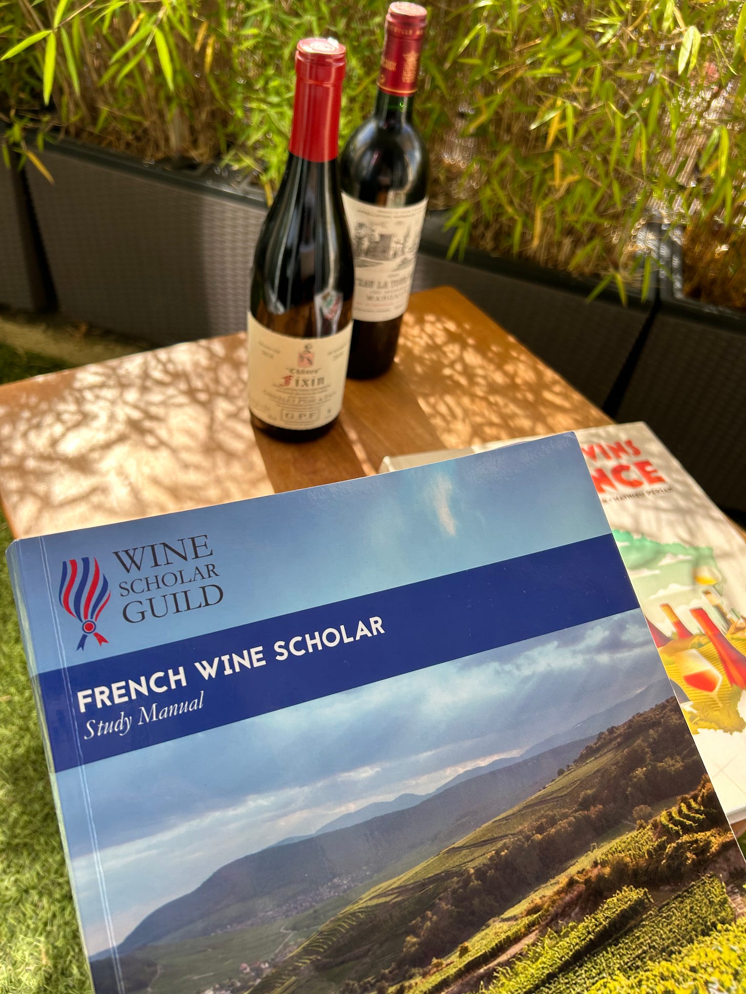 Wine books on a table with French wine