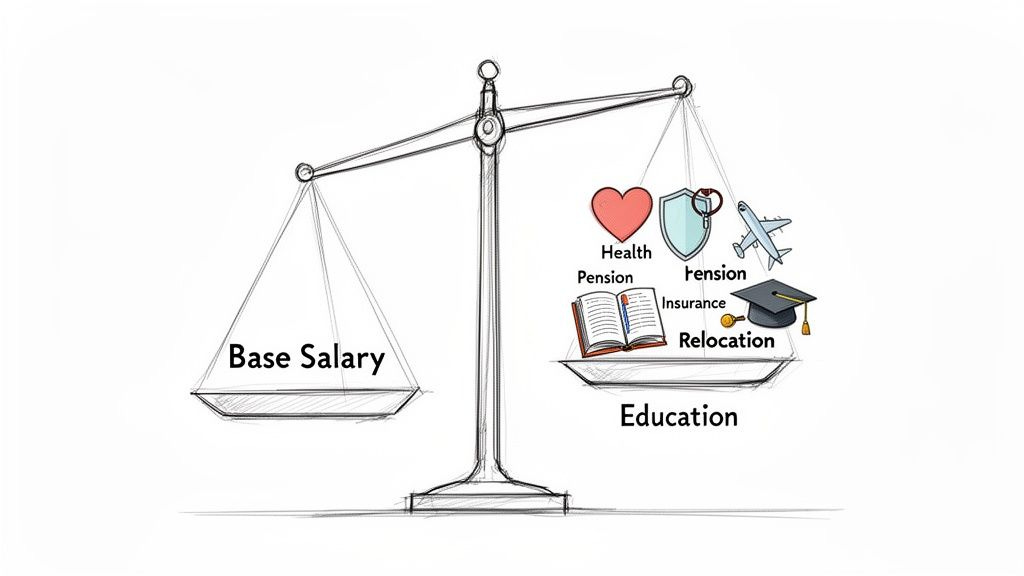 A balance scale weighing base salary against job benefits including health, pension, insurance, relocation, and education.