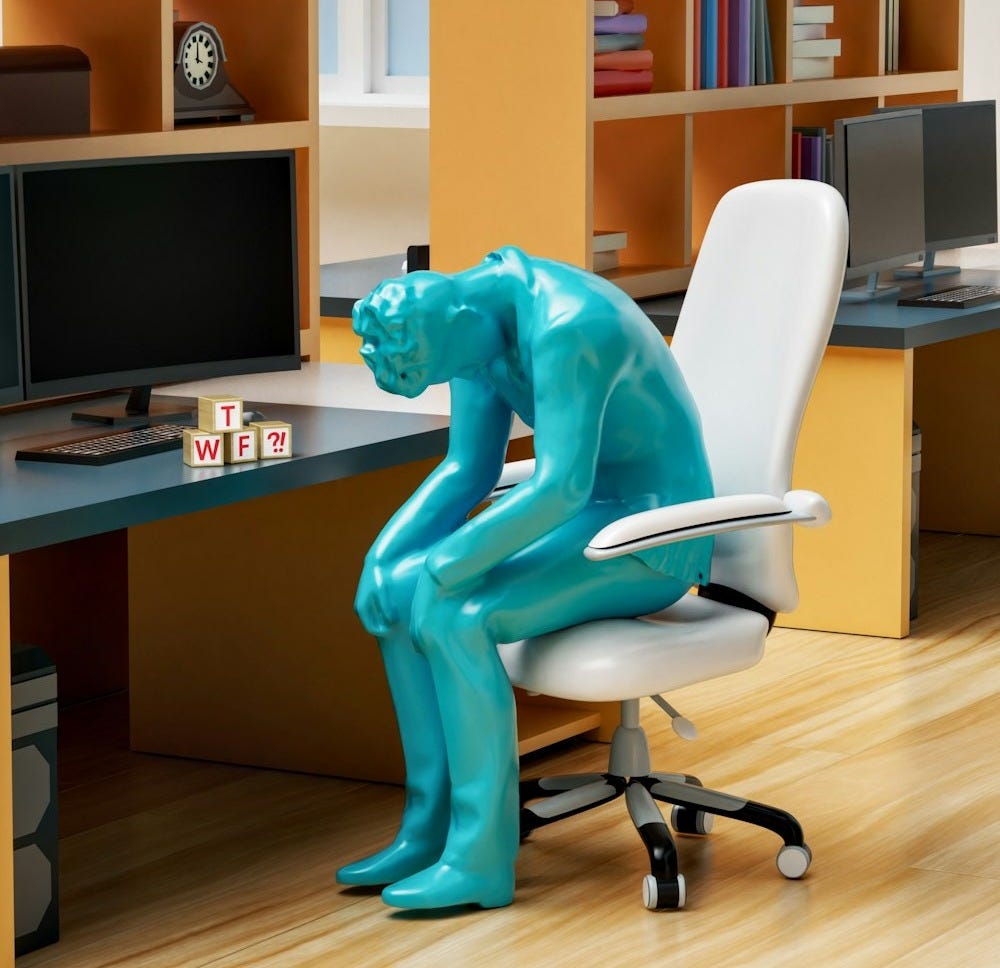a statue of a person sitting on a chair in front of a desk a statue of a person sitting on a chair in front of a desk