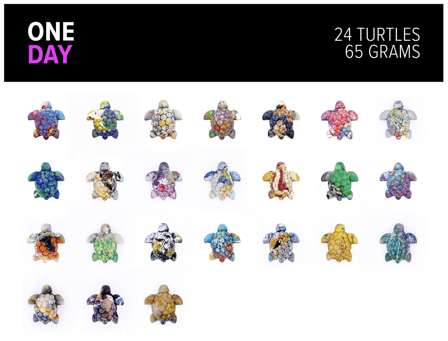 One day of plastic waster represented in 24 turtles showing 65 grams of waste