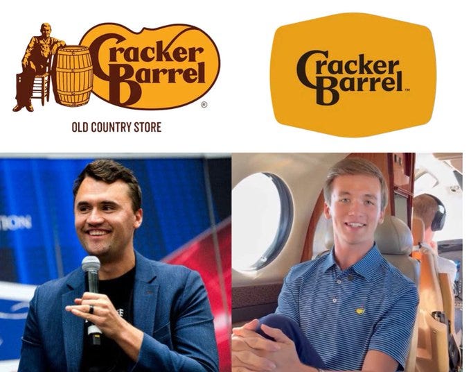 Two Cracker Barrel logos side by side. The left logo shows a stylized figure sitting on a barrel with the text "Cracker Barrel Old Country Store" in brown and white. The right logo displays "Cracker Barrel" in white text on an orange background. Below, two men are visible: one holding a microphone, wearing a blue jacket, and another sitting in an airplane, wearing a blue polo shirt.