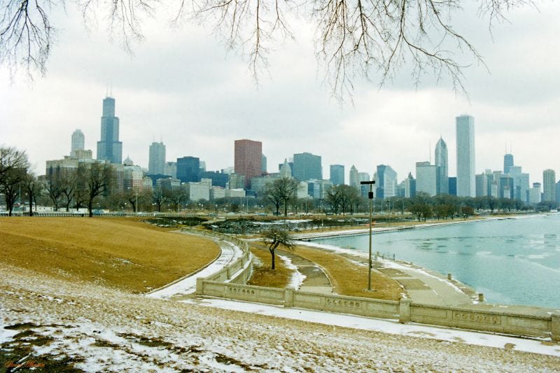 The magnificent Chicago skyline stretching along the lakefront, captured on a crisp winter day in February 1996. The magnificent Chicago skyline stretching along the lakefront, captured on a crisp winter day in February 1996.