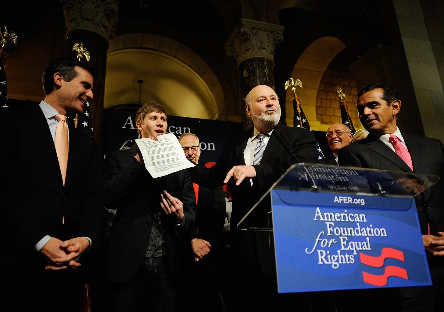 Rob Reiner celebrates the overturning of Proposition 8, California’s anti-gay marriage measure, at Los Angeles City Hall on Feb. 7, 2012. (Getty Images)