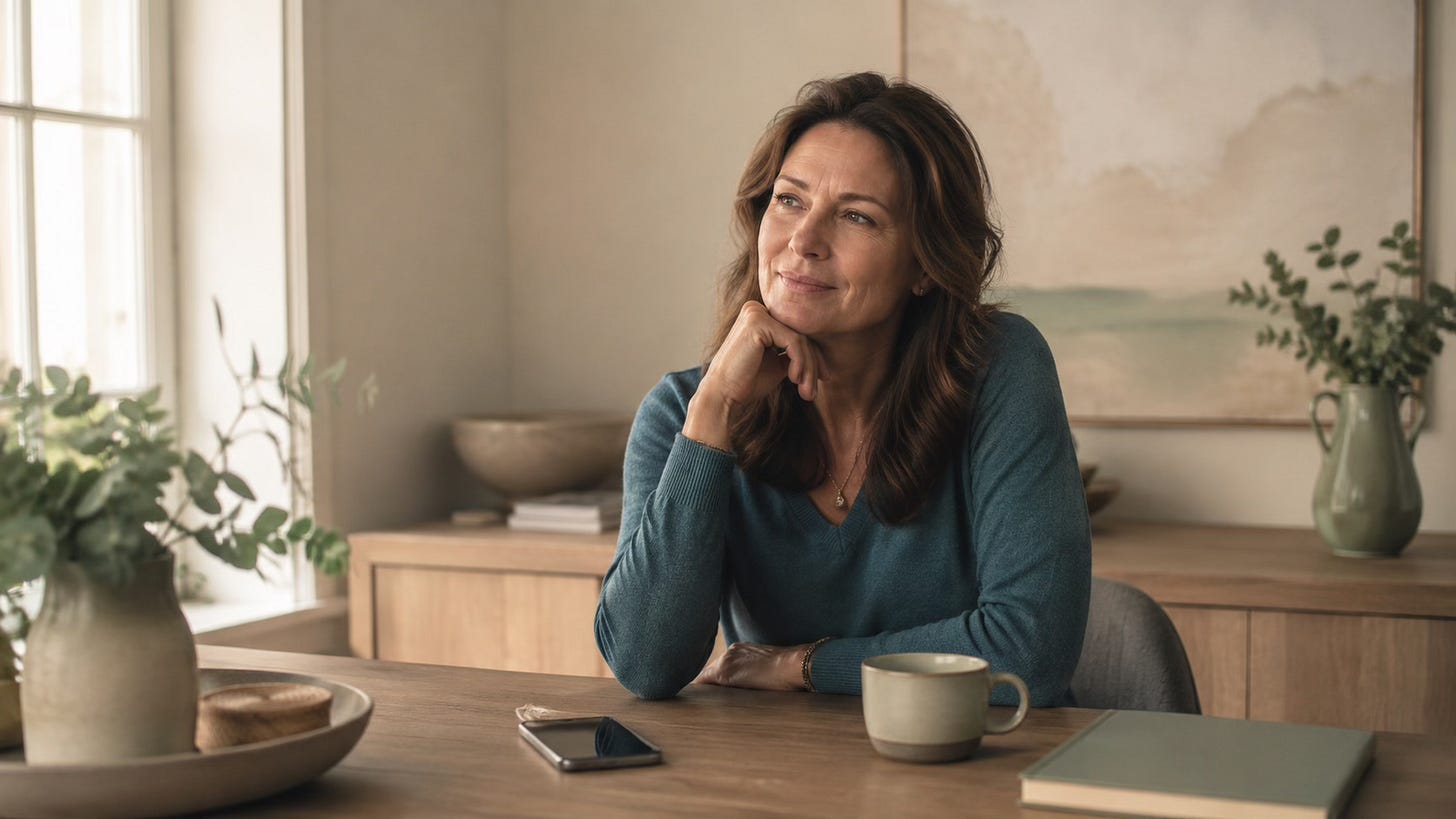 Woman seated at a softly lit kitchen table with tea and a notebook, pausing reflectively before responding.