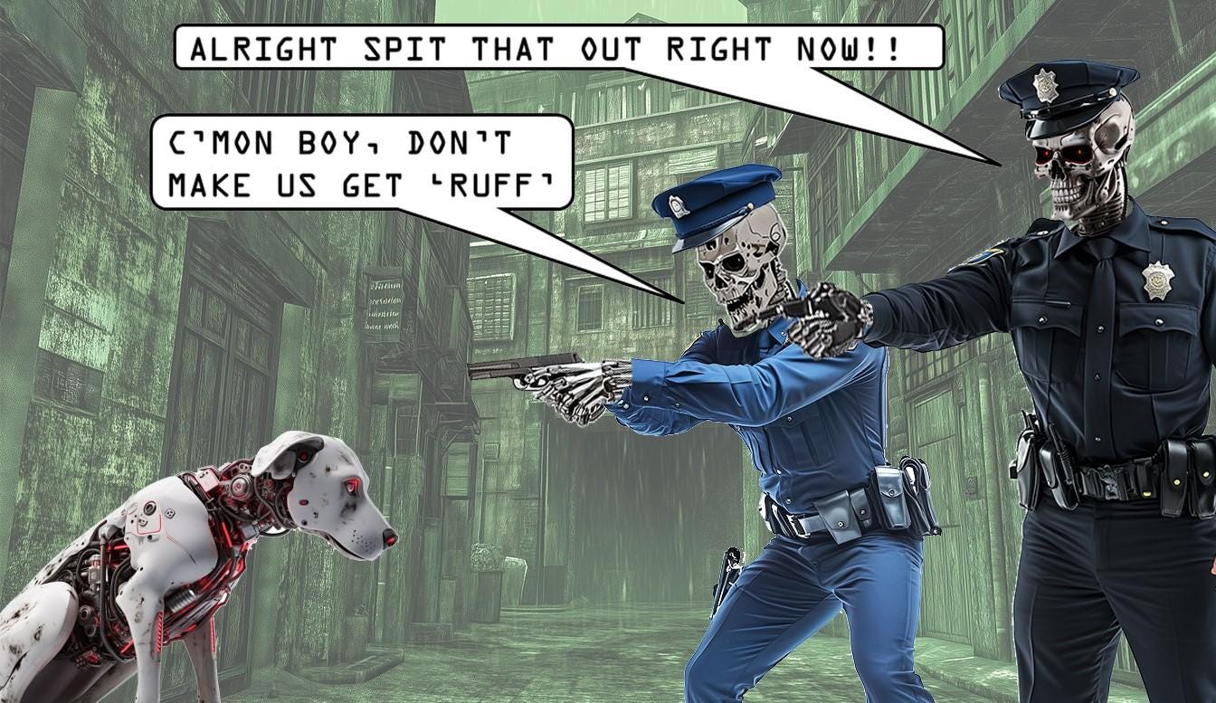 A skeleton holding an object next to a dog

Description automatically generated