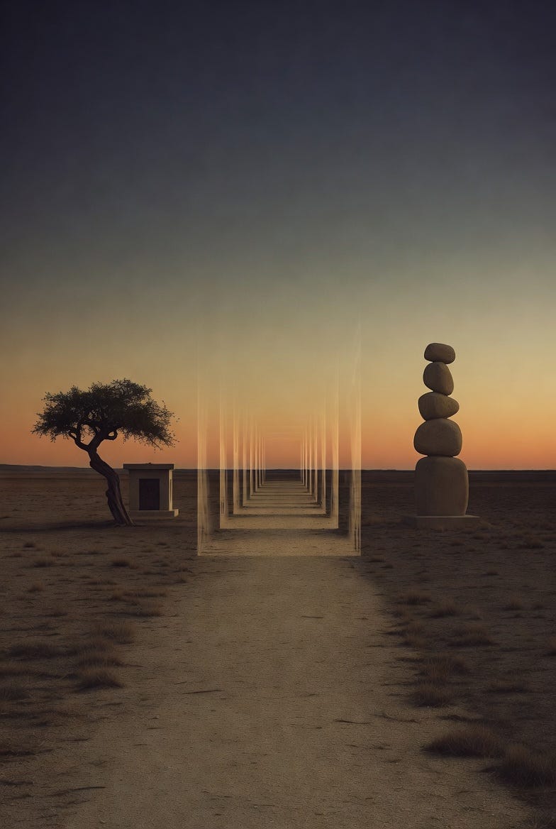 A surrealist desert twilight scene with a central pathway, symbolic elements, and a minimalist style.