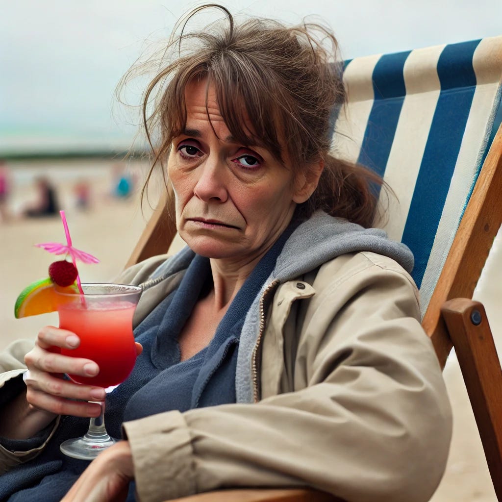 A middle-aged woman, slightly harassed-looking, sitting on a beach in a deck chair. She appears to be a charity worker, with her hair slightly out of place. She is holding a colourful cocktail in her hand but still looks harassed and miserable. Despite the light-hearted element of the cocktail, her expression is tired, and she seems unable to enjoy the moment. The beach is calm, with gentle waves, a serene setting, but her stressed demeanour contrasts with the surroundings.