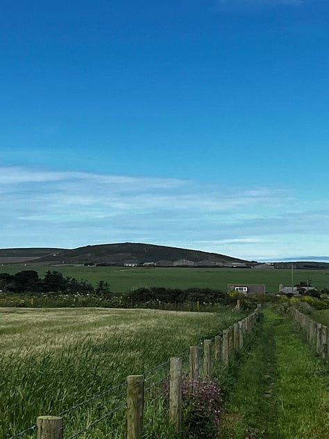 Photos from Sennen, Cornwall showing a wheat field and a church, rocks and a hill