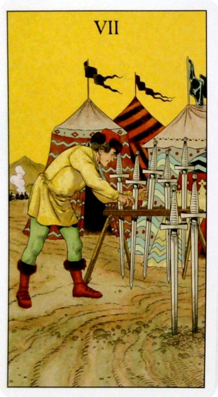The 7 of Swords tarot card and the Sanctuary oracle card.