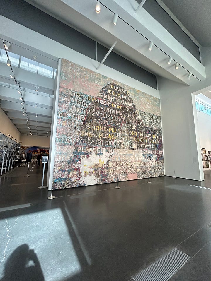 Urban Lights at sunset, Mark Bradford’s 150 Portrait Tone, a mural across a wall with Blank Panthers in it, lunch on a table outside, fluorescent lightblubs on their side on the wall, Magritte's The Treachery of Images, and a painting by Diego Rivera.