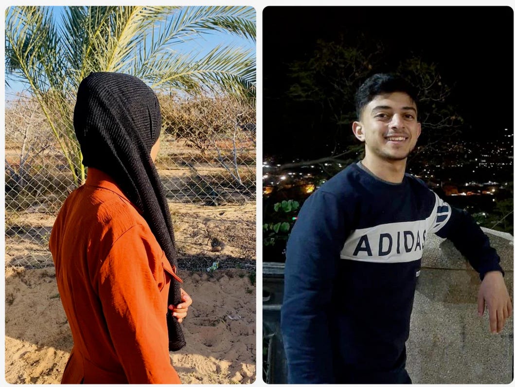 Split image: on the right is a woman wearing a red dress and a black hijab, her face turned away from the screen, and on the left is a man smiling while wearing an Adidas sweatshirt, in front of city lights in the night. 