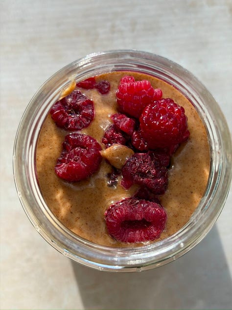 Kale & chicken sausage egg bites, Nourish & Glow green smoothie, Raspberry cacao overnight oats