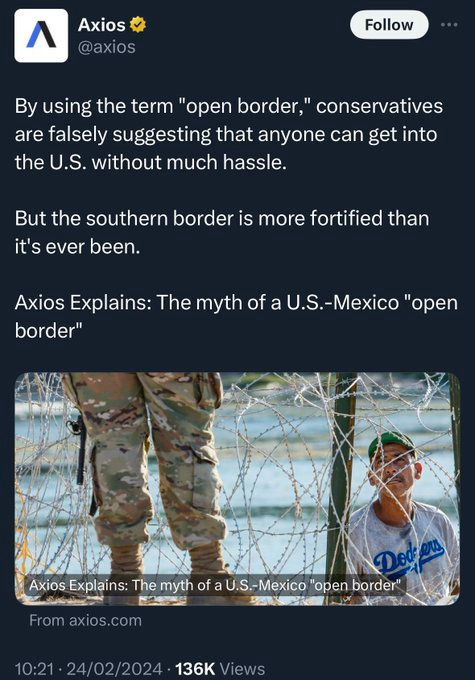 The image shows a social media post from Axios on X, featuring a tweet criticizing the concept of an "open border" at the U.S.-Mexico border. It includes a photo of a U.S. Border Patrol agent in camouflage standing behind a fortified fence, with a person in a Dodgers cap looking through the fence, suggesting restricted access. The post text from iamyesyouareno claims 7.2 million illegal entries under the Biden administration, contrasting Axios\'s assertion of a fortified border. The composition highlights the physical barrier and security presence, combining with the text to debate immigration and border security policies. No platform watermarks like Instagram or TikTok are present.