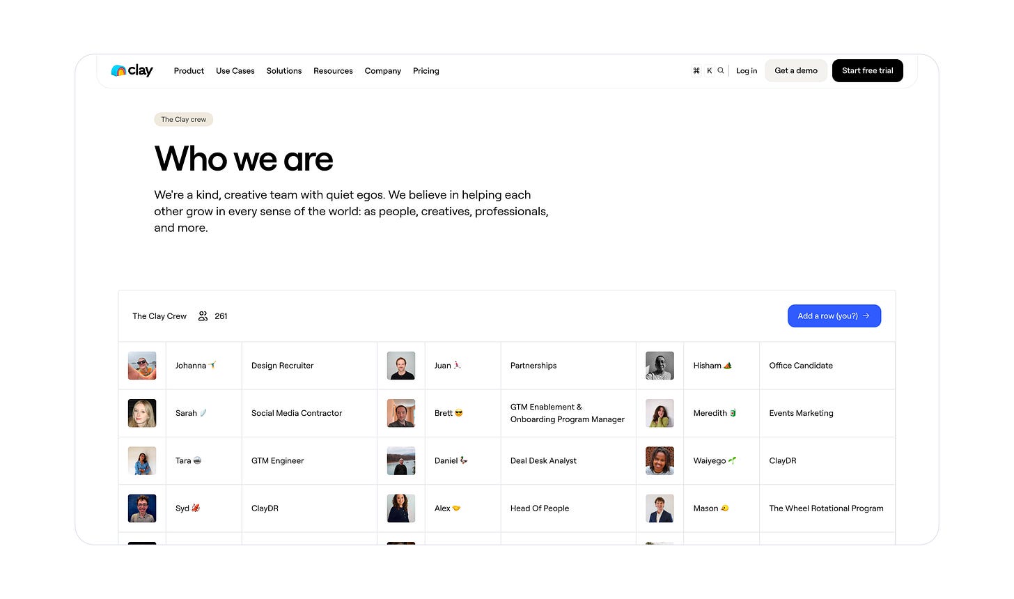 Positive example of a B2B SaaS about us section from https://www.clay.com/about.