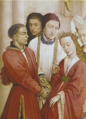 A Renaissance-style painting depicting four figures in formal 15th-century dress. From left to right: a man in a red robe with a dark cap, a younger man in a burgundy headwrap and light-colored tunic, a man in the center wearing a red robe and ornate gold chain or necklace, and a woman on the right in a red dress with an elaborate white headdress. The figures appear to be posed together in what may be a formal portrait or historical scene, set against a neutral background with architectural elements visible.