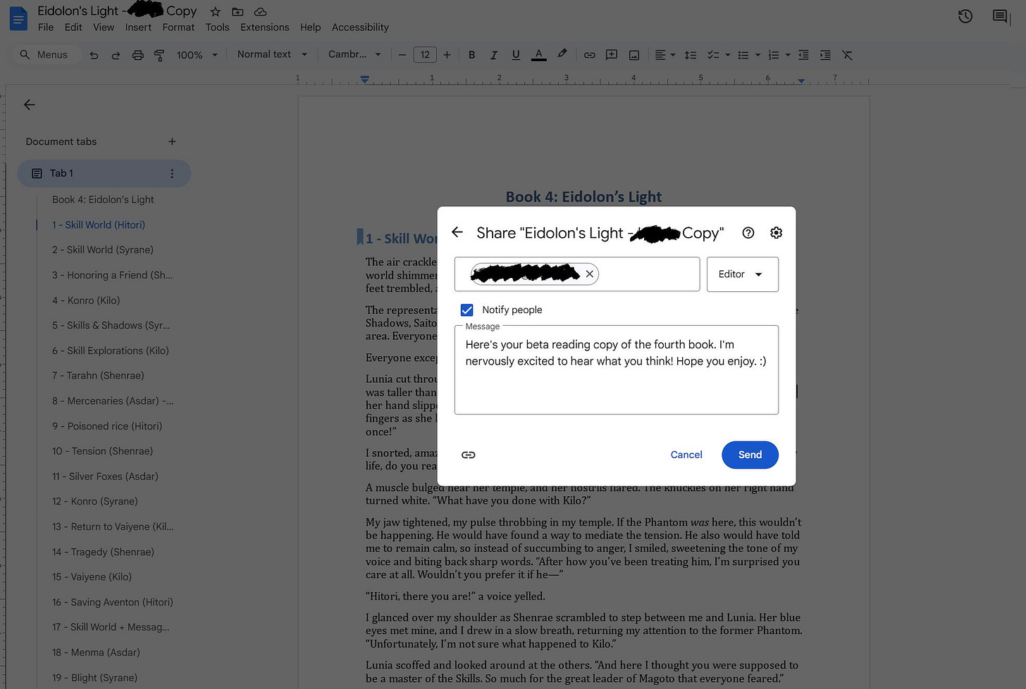 May be an image of ‎text that says '‎A1-SkillWo Share "Eidolon's Light Copy" Natifypeople Natify people Message- Editor Here's your beta reading copy of he fourth book I'm I'm nervously excited hear what you think! Hope you enjoy. .:) :) دي Cancel Send‎'‎