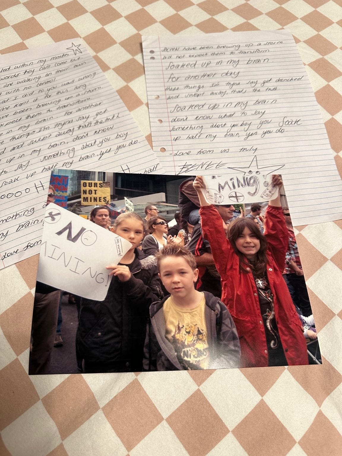A photo of kiwi global superstar Benee at the original 2010 Ours Not Mines march, along with handwritten lyrics which are being auctioned to fundraise for June 8th’s march! A photo of kiwi global superstar Benee at the original 2010 Ours Not Mines march, along with handwritten lyrics which are being auctioned to fundraise for June 8th’s march!