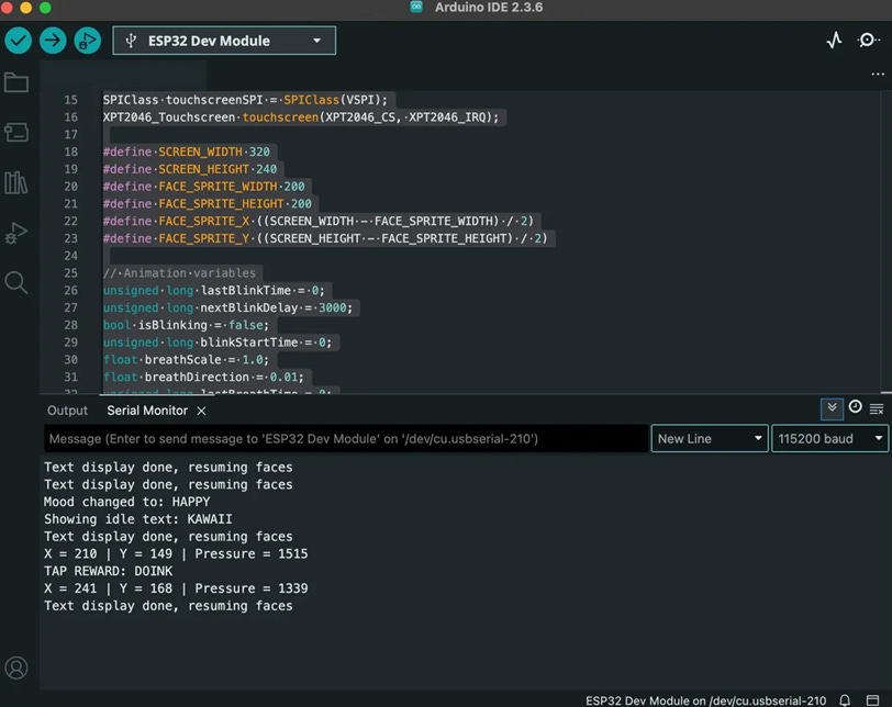 Screenshot of Arduino IDE showing ESP32 code with SPI setup for a touchscreen and a serial monitor output displaying touch coordinates, pressure values, and debug messages like “Mood changed to HAPPY.”