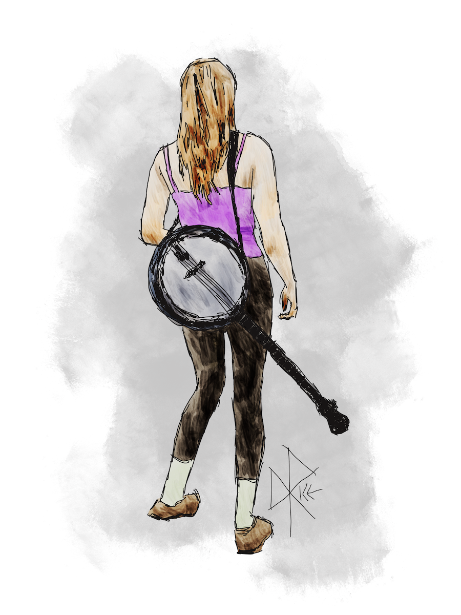 Prepared to perform at a music festival, a woman stands with a banjo casually slung at her back. Sketch art by Don Rice.