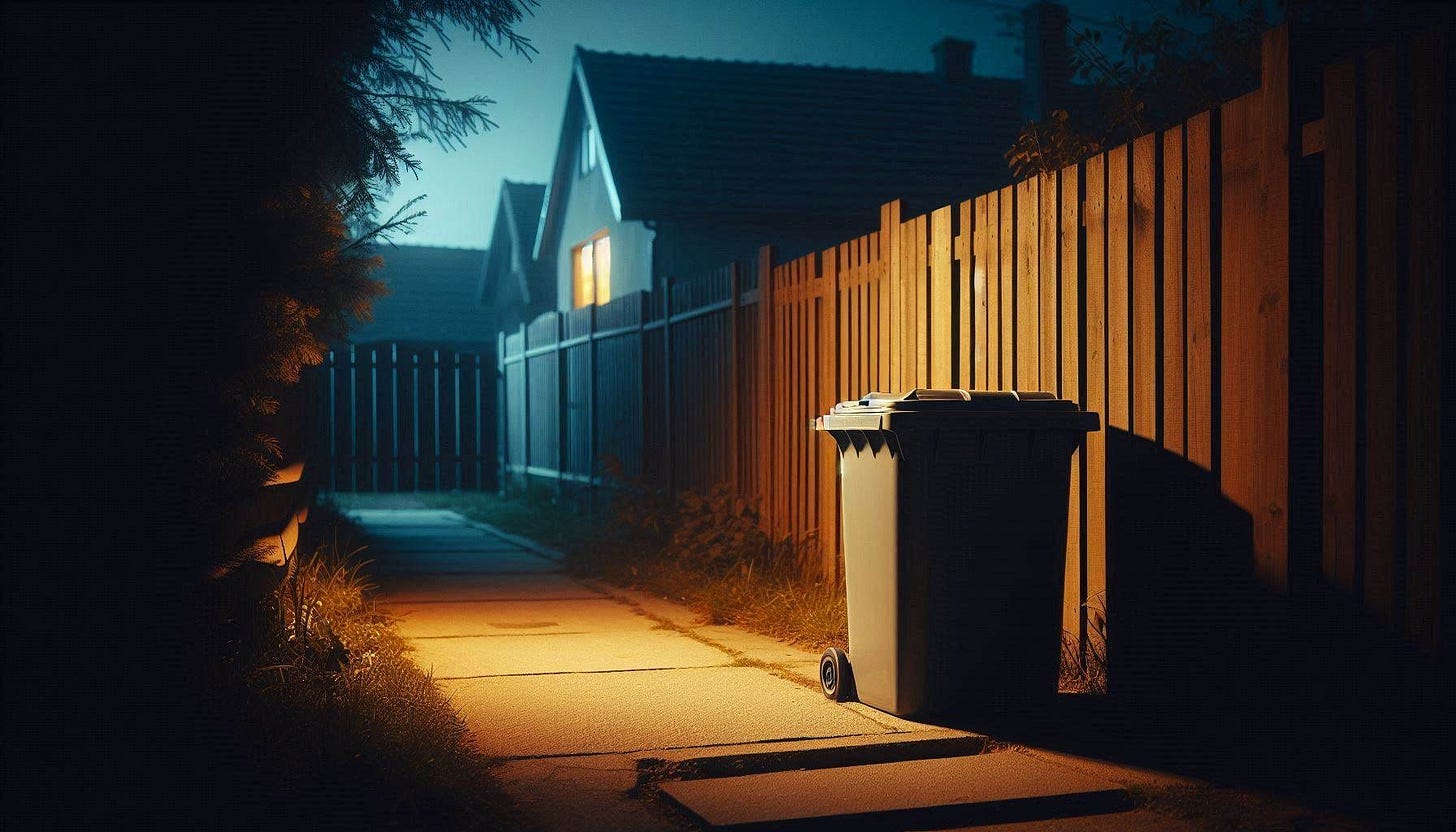 A plastic trash bin in a dark alley