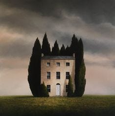 This may contain: a painting of a house in the middle of a field with trees growing out of it