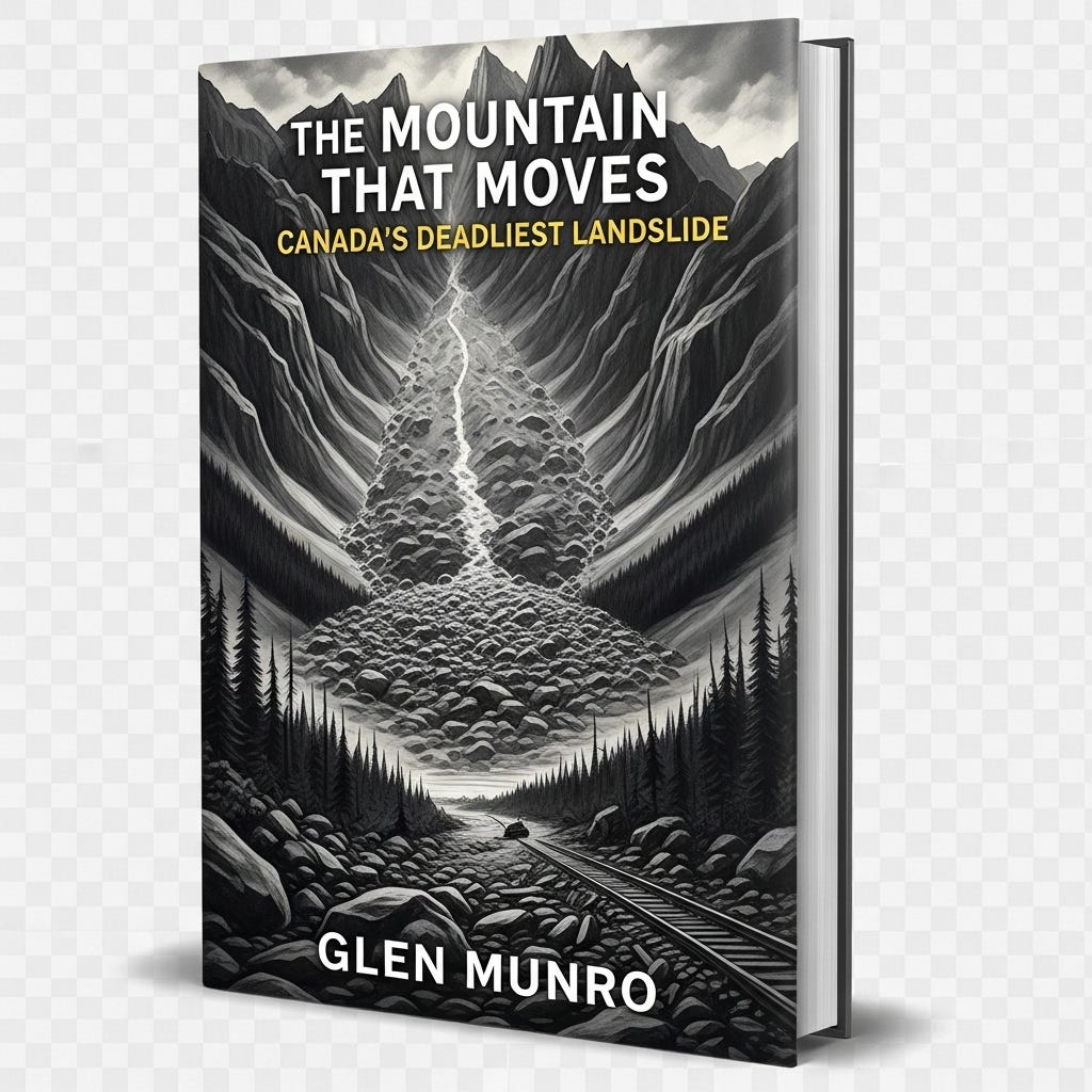 "The Mountain That Moves: Canada's Deadliest Landslide" by Glen Munro. The cover art depicts the historic Turtle Mountain rockslide disaster, showing the massive debris field at the base of the scarred mountain.