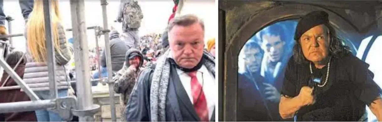 One one side, Anthony Kern at the January 6th insurrection in DC; on the other, Mama Fratelli from the Goonies. 